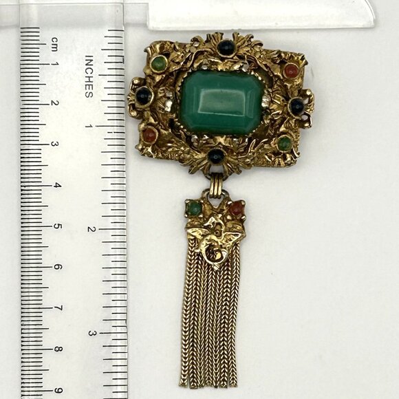 Vintage Kramer of New York Brooch Tassel Faux Jade Cabochon Gold Tone Rare - Picture 6 of 15